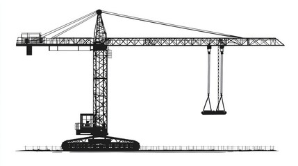 Black and White Illustration of a Construction Crane in Profile View