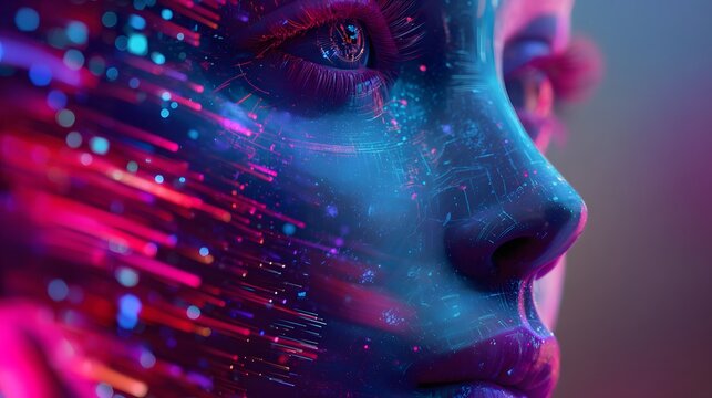 Close up profile view of a human face illuminated by vibrant neon light streaks and digital particles