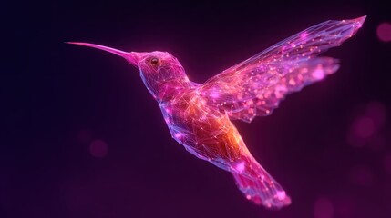 Fototapeta premium A vibrant, abstract digital hummingbird with a pink and orange hue, flying against a dark purple background with a glowing, starry sky.