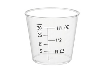 Clear plastic disposable medicine measuring cup showing fluid ounces and milliliters
