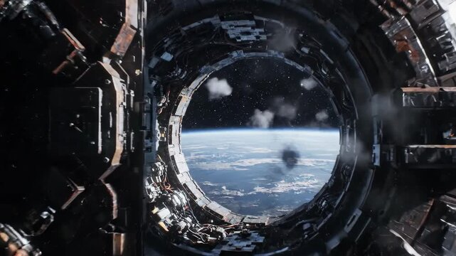 Futuristic spaceship docking port and airlock with Earth view