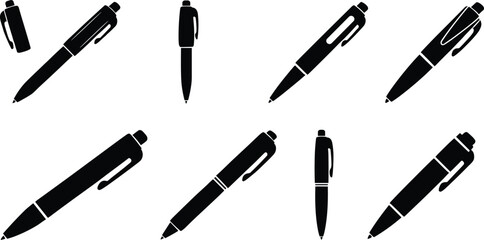 Collection of black silhouette ballpoint pens in various orientations on a white background