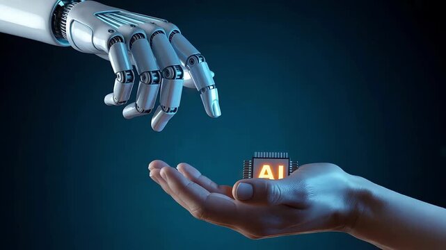 Robot Hand Reaching Toward Human Hand Holding Glowing AI Cube Symbolizing Human&ndash;Machine Collaboration
