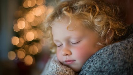 A young child with curly blonde hair peacefully sleeps in a cozy embrace, surrounded by warm, festive bokeh lights. The serene moment captures innocence and holiday comfort