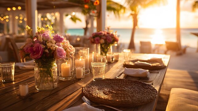 Romantic outdoor dining table setting decorated with fresh flowers and soft candlelight overlooks a tropical beach sunset