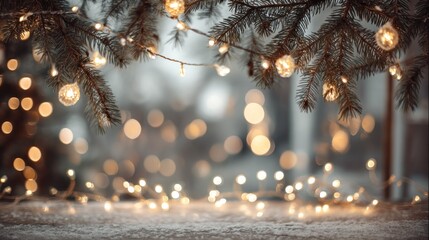 Christmas tree branches with fairy lights, a wooden table with snow on it, and a blurred background with bokeh lights