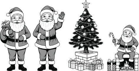 Three Santa Clauses a decorated Christmas tree and gifts in black and white line art