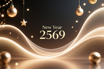 New Year 2569 greeting card background with vibrant festive color harmony, elegant abstract shapes, soft glowing light accents, clean spacious layout