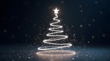 Minimal Christmas tree silhouette made of silver lines, glowing particles floating around.