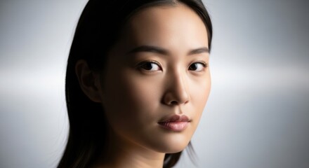 Fototapeta premium Elegant portrait of a young woman with flawless skin and dark hair in a professional studio setting