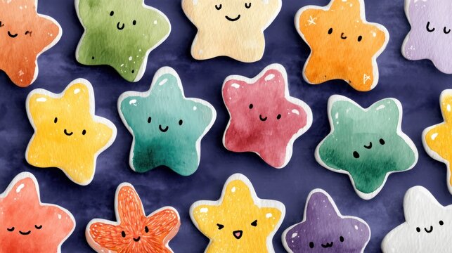 A colorful array of starfish with faces, arranged in a grid pattern on a dark background.