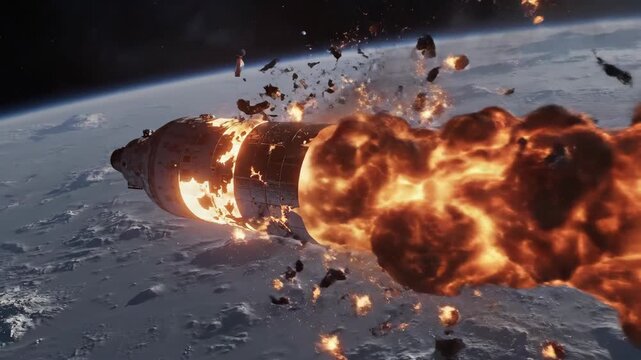 Space station explodes in atmosphere with fiery debris and red glow