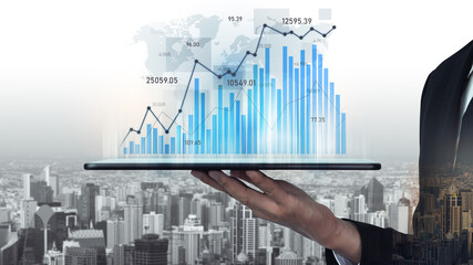 A businessman presents a tablet displaying financial charts and graphs, symbolizing data analysis and market trends in a dynamic urban setting, ideal for business visuals. Scalp