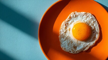 Half-cooked sunny side up egg on vibrant orange plate, close-up breakfast food photography with yolk and whites, minimalist morning meal concept for culinary and restaurant visuals
