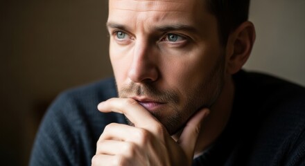 Contemplative man with thoughtful expression and piercing blue eyes