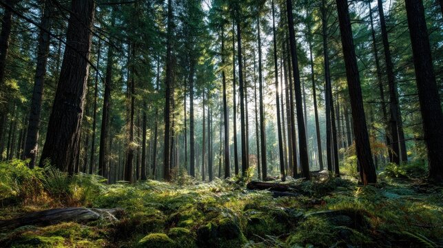 A dense forest with tall trees, green ferns, and sunlight filtering through the branches, creating a serene and natural setting.