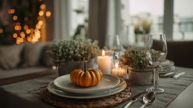 Elegant autumn table setting with small pumpkin centerpiece, candles, and rustic decor creates a cozy seasonal atmosphere. Soft natural light enhances the festive dining experience