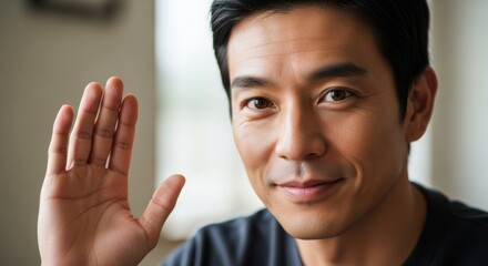 Close-up portrait of a confident young man with a welcoming expression and a gentle wave gesture