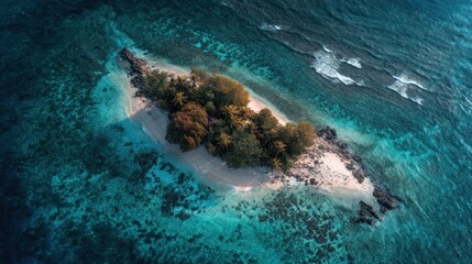 Fototapeta premium A small, isolated island with a sandy beach and lush green vegetation, surrounded by crystal-clear turquoise waters.