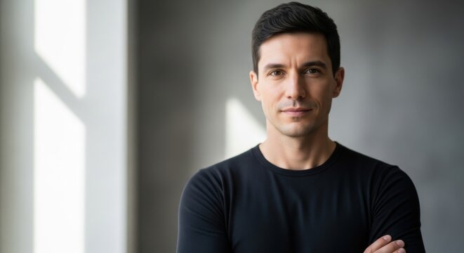Professional portrait of a confident man with dark hair and casual
