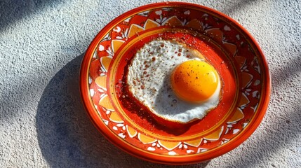 Half-cooked sunny side up egg on vibrant orange plate, close-up breakfast food photography with yolk and whites, minimalist morning meal concept for culinary and restaurant visuals