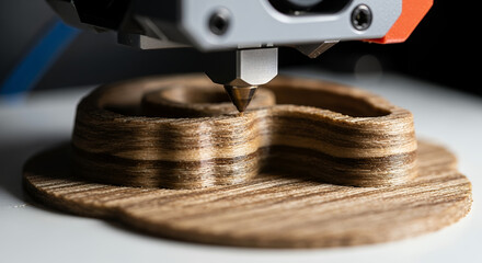 Obraz premium Closeup of a 3d printer nozzle extruding woodlike filament to create a layered object on a flat surface