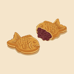 Japanese taiyaki dessert filled with sweet red beans illustration