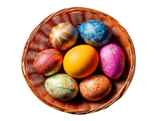Colorful Easter Eggs in Basket, Top-Down View PNG