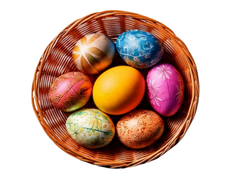  Colorful Easter Eggs in Basket, Top-Down View PNG