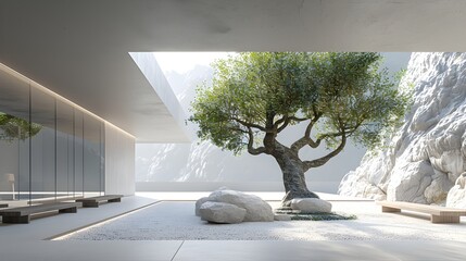 Modern Zen Meditation Courtyard Minimalist Raw Concrete Oak Belgian Wabi-Sabi Style Ancient Olive Tree Natural Boulders White Gravel Serene Light Elegant Simplicity Tranquil Ambiance (AI-Generated)