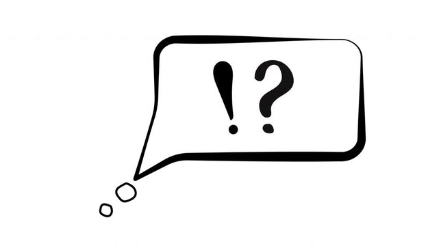 Animated question marks and exclamation mark  with comic chat bubble on  white screen, alpha channel only 4k.