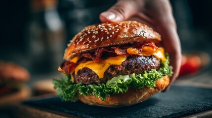 Close-up shot of a hand grabbing a large juicy burger with melted cheese, fresh lettuce, and crispy layers, highlighting delicious fast food texture for restaurant menus, culinary advertising, and tas