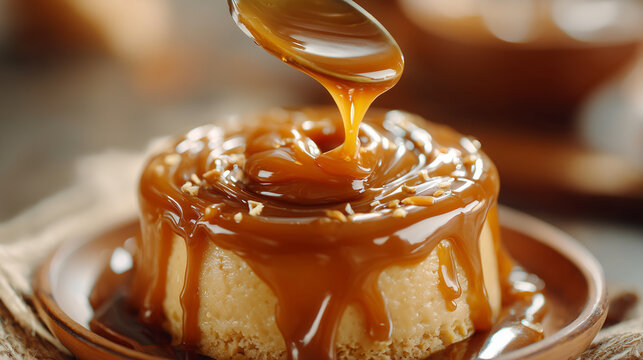 Caramel sauce being poured onto a dessert cake, coating it in thick glossy layers with warm lighting that highlights the rich sweetness and smooth texture.