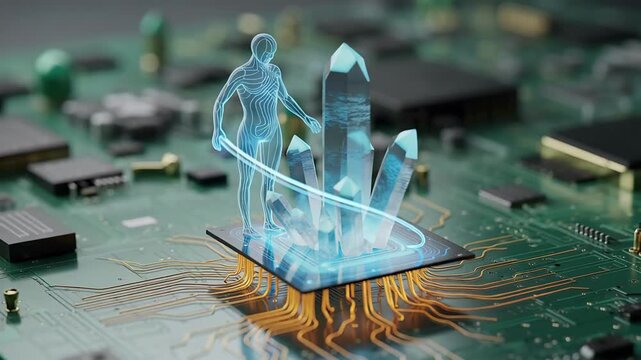 Holographic Figure Emerging from Microchip with Glowing Circuits and Futuristic Digital Crystal Structures
