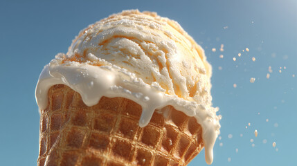 A melting ice cream scoop overflowing onto a waffle cone, with droplets suspended in the air against a bright sky, showcasing creamy texture and warm outdoor lighting.