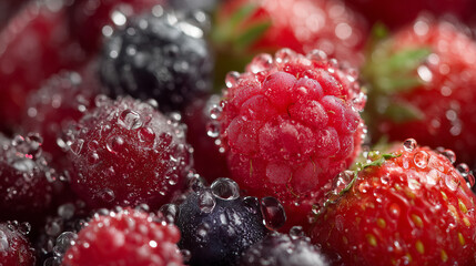 A macro composition of raspberries, blueberries, and strawberries covered with clear water droplets, highlighting rich color, juicy texture, and crisp natural freshness.