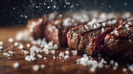 Salt flakes falling onto a grilled steak, highlighting the charred surface, browned crust, sizzling heat, and savory texture in a macro close-up view.