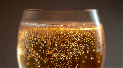 A glass filled with sparkling golden liquid, showing rising bubbles and shimmering highlights captured in warm lighting for a crisp, fizzy, refreshing appearance.