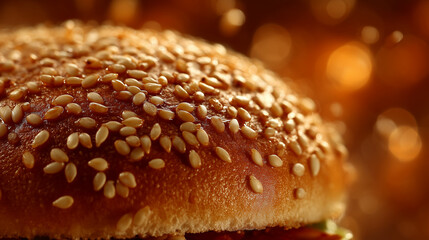 A warm burger bun topped with sesame seeds, captured in close macro lighting that highlights the toasted golden surface and scattered textured seeds.