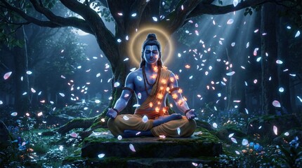 Lord rama meditating in a forest with flowers falling around him, illuminated by divine light