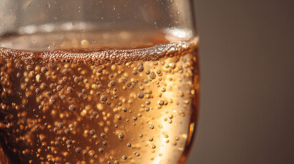 A close-up view of sparkling bubbles forming inside a glass of golden liquid, highlighting effervescence, glowing color, and crisp clarity in macro detail.