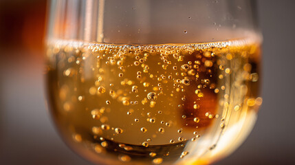 A sparkling golden beverage with numerous bubbles rising through the liquid, captured in macro lighting that emphasizes clarity, brightness, and fizzy texture.