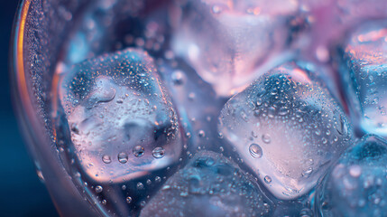 Ice cubes inside a frosted glass with pink and blue lighting, covered in condensation droplets that highlight the icy surfaces and chilled crisp texture.