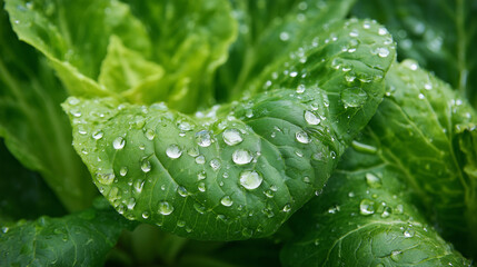 Fresh green lettuce leaves covered with clear water droplets, captured in bright natural lighting to highlight crisp texture, moisture, and vibrant leafy detail.