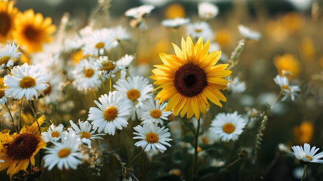 Vibrant yellow sunflower stands among numerous white daisies in a sunlit meadow setting