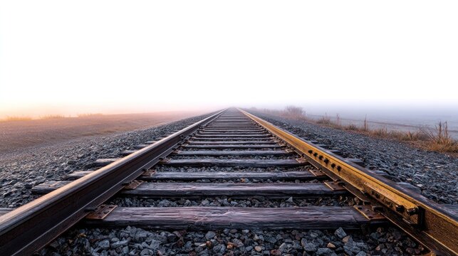 A long, straight railroad track stretches into the distance, disappearing into a foggy horizon. 