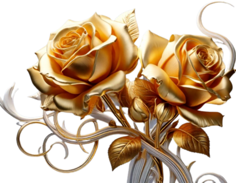 Side-Angle 3D Golden Rose Buds Entwined with White Vines, Artistic Perspective, Transparent Background PNG