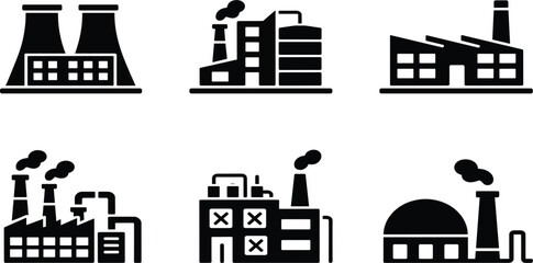 Obraz premium Industrial factory solid icons set, manufacturing plant, power station, production building, and industry vector