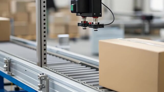 Industrial factory production line featuring an automated conveyor belt system. robotic arm handles precise cardboard box packaging for modern warehouse shipping and logistics
