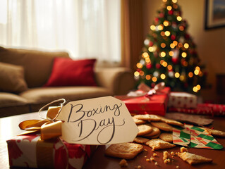 Festive Boxing Day scene with gifts and Christmas tree ambiance